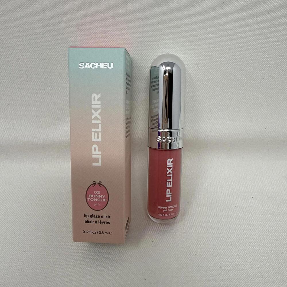 Sacheu Lip Elixir Glaze 02 Bunny Tongue Pink 3-in-1 Balm Oil Gloss 0.12oz AR24